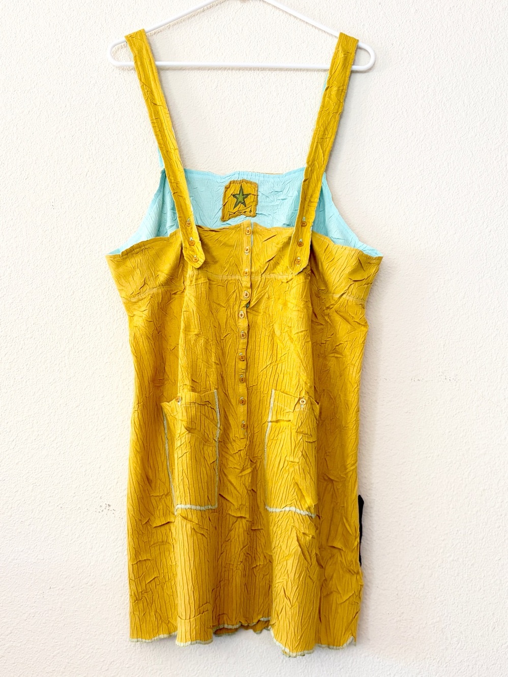 Kigod Yellow Crinkle Cotton Overall Jumper Dress Button Front Pockets Size 4